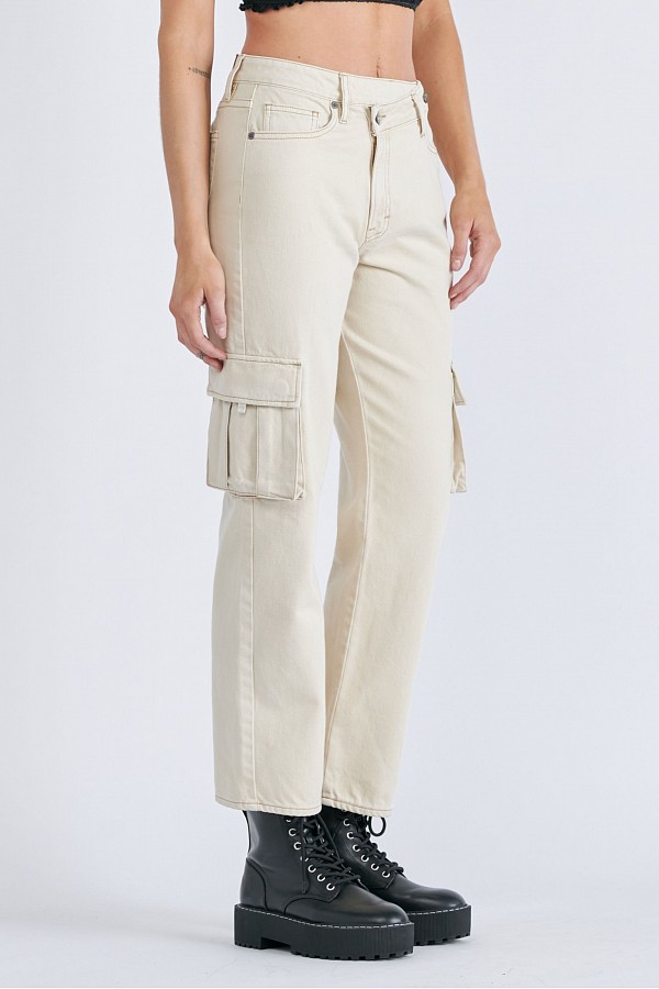 Khaki Color Crossover Waistband Straight Jean